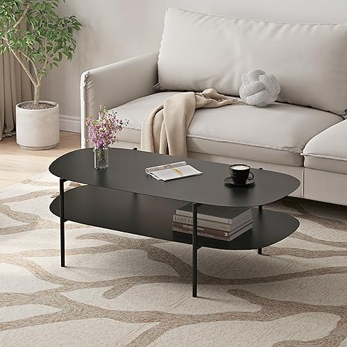 [en.casa] Couchtisch Enebakk Wohnzimmertisch ovale Form 112 x 62 x 40,5 cm Sofatisch Stahl Kaffeetisch mit unterer Ablage Schwarz
