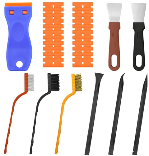 Omsscun 19Pcs Plastic Scraper Tool Non Scratch, Cleaning Scraper Tool with 10 Spare Replacement, 2Pcs Oven Scraper Tool Non Scratch and 3Pcs Small Wire Brush for Stain Rust Sticker Labels Paint