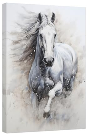 CCWACPP Pferde Leinwanddrucke weißes Pferdegemälde laufendes Pferd Bild Aquarell Western Tierporträt Kunstwerk für Büro Zuhause Wanddekoration gerahmt (A, (30.00 x 45.00 cms))