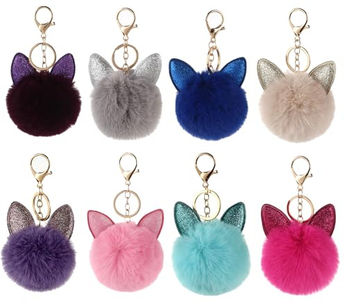 Floatdream 8 Pezzi Portachiavi con Pompon, Portachiavi con Orecchie di Coniglio, Morbido Portachiavi per Auto, Adatto per Chiavi Dell'auto, Telefoni Cellulari, Portafogli, Borse, Zaini(8 Colori)