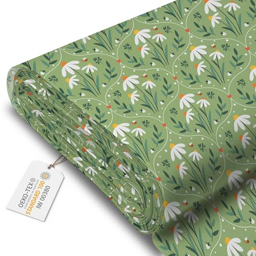 DreamRoots Markisenstoff Meterware, Ornament Chamomile, Laufmeter | Oxford Segeltuch, wasserdicht, Polsterstoff Meterware, 220 g/m² 600D, 160 cm breit, für außen & Deko