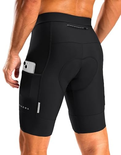 Bikewa Men's Bike Shorts 4D Padded Cycling Shorts for Men Road Riding Biking Bicycle Zipper Pockets(Black,L)
