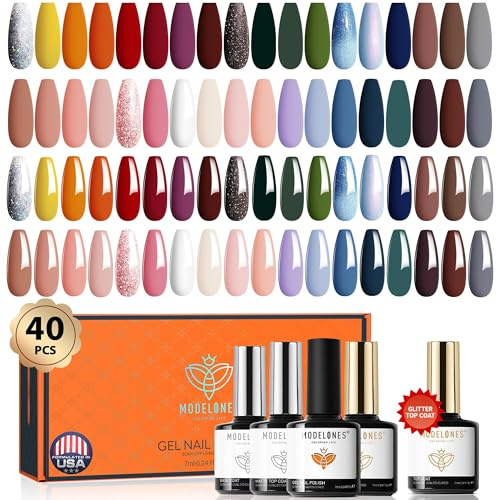 MODELONES 40 Pcs Uv Nagellack, 36 Herbst Gel Nagellack UV Base und Top Coat Matte Glitzer, Rot Braun Nude Weiß Orange Rosa Grün Glitzer Color Gel Nail Polish Soak Off Starter Nail Kit Manicure