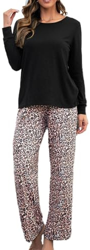 Bunanphy Pigiama da donna a maniche lunghe, 2 pezzi, top e pantaloni lunghi, biancheria da notte morbida, A-nero Top+leopardo Pant, XXL