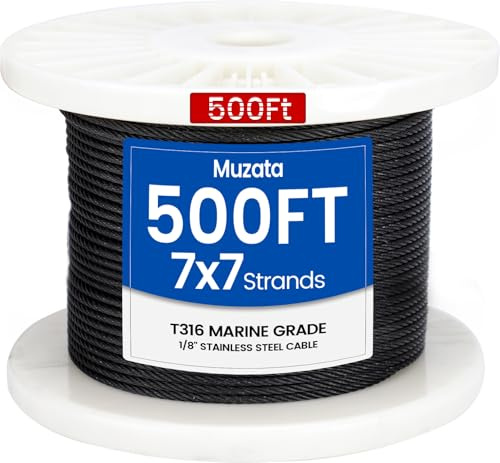 Muzata 500 ft 1/8 Black Stainless Steel Cable Railing System Hardware T316 Stainless Steel Wire Rope 7x7 Strands 1800 lb Breaking Strength Black Cable Railing Kit for Indoor Outdoor WR19