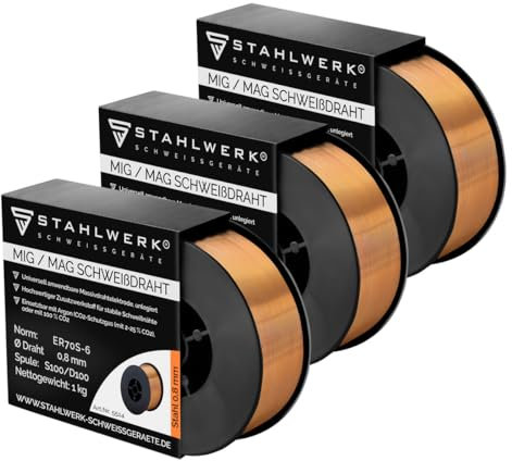 STAHLWERK MIG/MAG Stahl Schweißdraht Ø 0,8 mm ER70S-6 (SG2) – 3 Stück je 1 kg D100-Spule für 16 mm Dorn, universell einsetzbar, hochwertiger Schweißmassivdraht für alle Stahlarbeiten mit Schutzgas