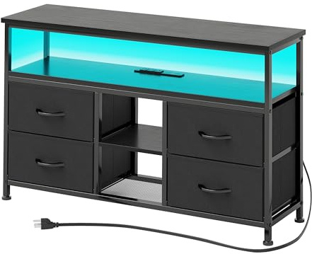 VERMESS 43 TV Stand, TV Cabinet with Power Outlets & LED Light, 4 Fabric Drawers TV Unit for TVs Up to 55 inch, Entertainment Center for Living Room, Bedroom, Black