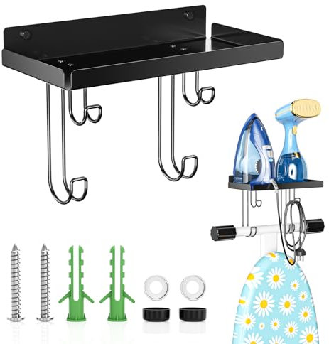 Support Table a Repasser, Accroche Mural Fer A Repasser, Noir Porte Table a Repasser Porte, Support Mural en Métal Pour Planche à Repasser avec Grande Étagère pour Buanderie (en Y ou en T)