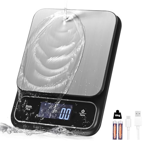 Cexovo Báscula de Cocina Digitales Impermeable,Alta Precisión 0.1g10KG Capacidad,Bascula Precision,Plataforma Acero Inoxidable,Pantalla Digital Retroiluminada,Carga USB Recargable para Cocinar,Hornear