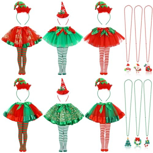 JenPen 24 Pcs Girls Christmas Costume Set Red and Green Tutu Skirt Striped Tights Reindeer Headbands Bead Necklace for 4-7 Years Old Holiday Cosplay Party Outfits Cosplay