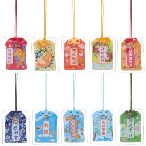 WEBEEDY 10 estilos de amuletos japoneses Omamori para colgar de buena suerte, hechos a mano, dijes japoneses tradicionales para coche, bolso, viajes, decoración del hogar, regalo de cumpleaños de