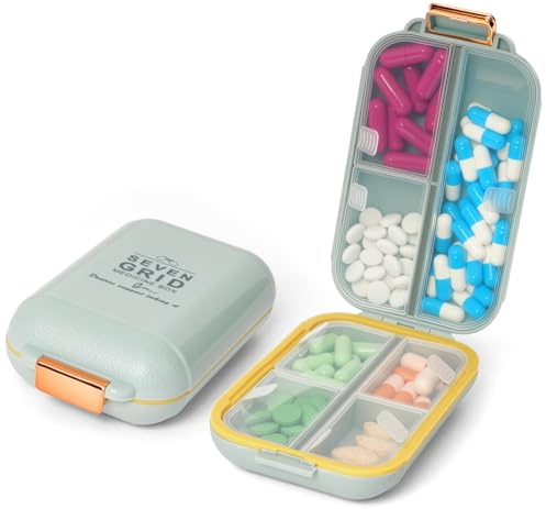 Fefod Pastillero de Viaje, Pastillero Diario para 7 Días con 7 Compartimentos, Pastillero de Viaje Portátil Dosificador de Comprimidos, Organizador de Medicamentos para Viajes y Uso Diario (Verde)