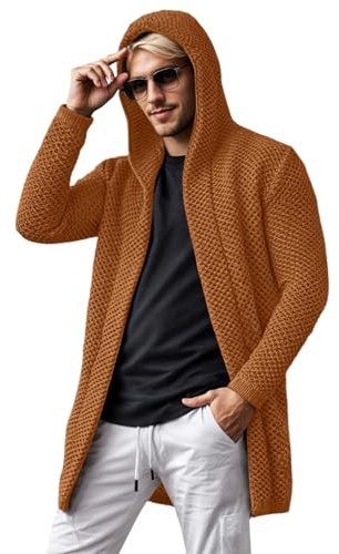 Generisch Chaqueta de punto larga para hombre, chaqueta gruesa de punto con capucha, monocolor, jersey de punto de manga larga, corte ajustado, cárdigan de punto, suave y cómodo, chaqueta de