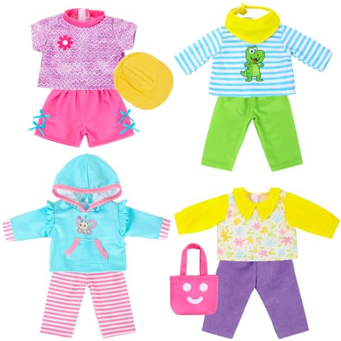 11 Pièces Tenue Complète Vêtements et Accessoires pour Poupées 35-45cm | 4 Ensembles de Vêtements de Poupée Bébé Comprend Haut, Pantalon, Chapeau, sac et écharpe; Âge 3+, Poupée non Incluse