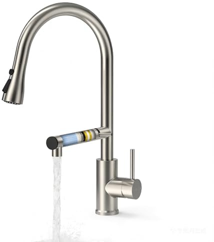 FEELSO Rubinetto da cucina estraibile, girevole a 360°, con filtro, rubinetto per lavello ad alta pressione con 2 tipi di getto, rubinetto in acciaio inox spazzolato
