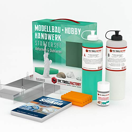 TFC Troll Factory DIY Silikonformen Starterset | Set zum Selber Herstellen von Silikonformen für Gips, Beton, Kerzen und Mehr | 1000 g Silikon, Formenbau Rahmen, Modelliermasse, Anleitungsbuch