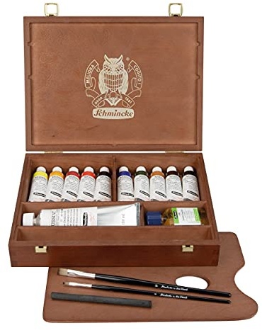 Schmincke - MUSSINI® colori ad olio e resina sopraffini, confezione premium in legno tinto noce, pittura ad olio, set da 10 x 35 ml, 70 213 097, accessori: bianco 150 ml, carboncino da disegno, 2 pennelli daVinci, ecc