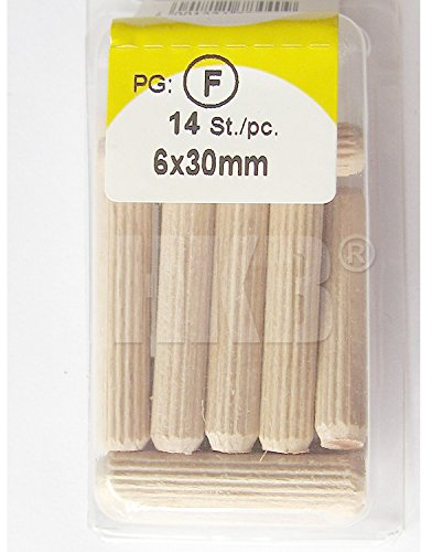 HKB ® 14 Stück Holzdübel geriffelt, ø 6 mm, 30 mm lang, Hersteller HSI, Artikel-Nr. 904401