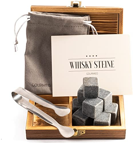 GOURMEO 9 Whisky Stones in pietra basalto naturale - Pietre Sostitutive del Ghiaccio per Whisky - Cubetti Ghiaccio di Pietra Refrigeranti + Scatola in Legno per Kit Regalo