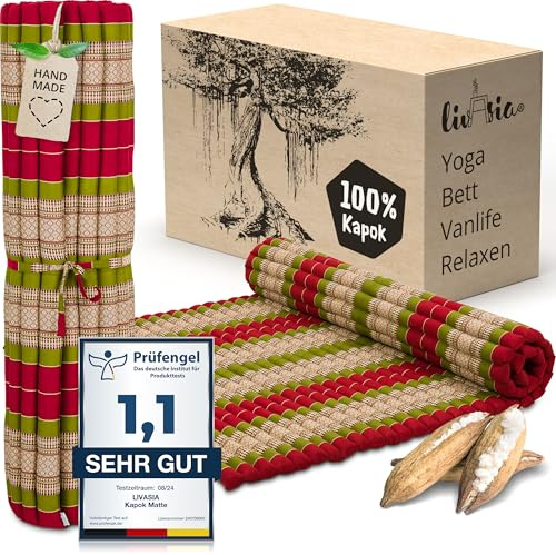 livasia Rollmatte XXL breit Doppelbett - 200x145x4,5cm - Gästebett Gästematratze 2 Personen mit Muster, Reisebett für Kofferraum und outdoor, Thaimatte Kapok Garten und Balkon (Rot/Grün)