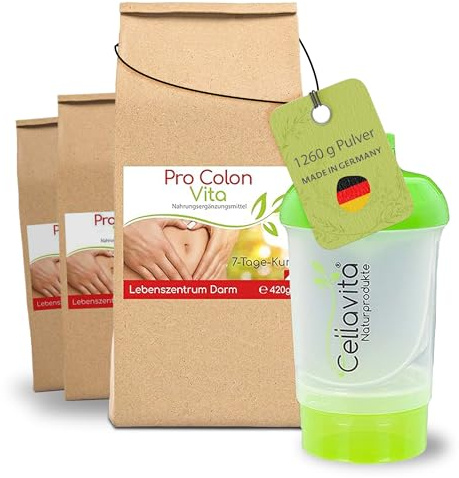 Cellavita Pro Colon Vita Lebenszentrum Darm Kur | inkl. Shaker | Flohsamenschalen, Erbsenprotein, Cassia-Fistulapulver uvm. | hochdosiert & VEGAN | 3-Wochen Kur 3x 420g Pulver (1260g)