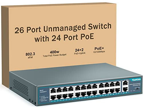 YuanLey 26 Port PoE Switch, 24 PoE+ Port 100Mbps, 2 Uplink Gigabit, 802.3af/at 400W Ad Alta Potenza, Rack and Mount Unmanaged Plug and Play