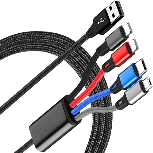 SDBAUX Multi USB Kabel, [3A 1.2M] Geflochten Mehrfach Multi 4 in 1 Ladekabel, mit 2iP/Typ C/Micro USB Ports, für iOS-Telefon, Android Galaxy S25 S24 S23, LG, Sony, Hoor View, Moto, Oneplus, PS5