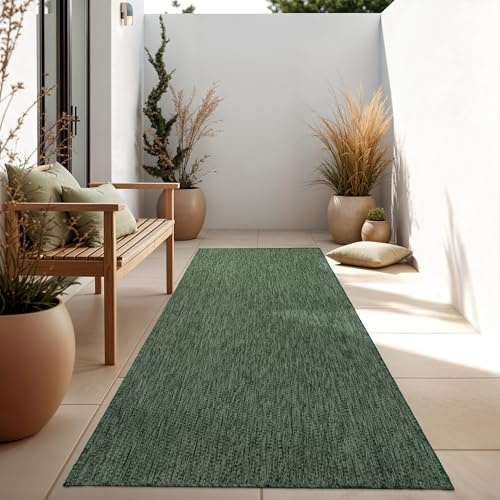 Paco Home Outdoor Teppich, Wetterfest Pflegeleicht Küchenteppich Ideal für Terrasse Balkon Garten, Flachgewebe Sisaloptik Modern Einfarbig meliert, 80x250 cm Läufer, Grün