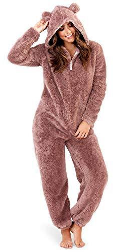Loungeable Damen Jumpsuit Overall Tiere Gesichter Öhrchen 3D Kapuze Taupe Sherpa All in one with Ears 798085TAU S