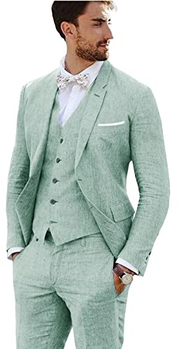 Furuyal Leinenanzug, 3-teilig, Vintage-Retro-Stil, Hochzeit, Abschlussball, Anzüge, schmale Passform, Jacke, Blazer, Bräutigam, Smoking, Hellgrün, XS