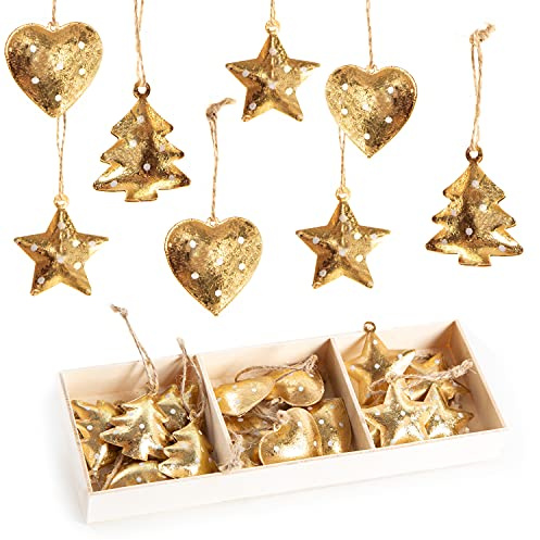 Weihnachtsanhänger Set Metall Gold – 18 Deko-Anhänger zum Aufhängen – Herzen, Sterne & Tannenbäume je 4 cm – Christbaumschmuck mit Schnur – Logbuch-Verlag