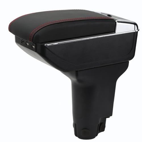 YJYWZH Armlehne für Fiat 500 2012-2026,Mittelarmlehne mit USB Schwarz-Rot | mit Getränkehalter,6 USB+1 USB-C,Doppelstauraum,Verschiebbare Armauflage Mittelkonsole,PU-Leder,Schwarz mit Roter Naht