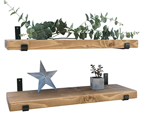 Masterplank Wooden Floating Shelves (Set of 2, 90 cm Long), Rustic Wall Mounted Shelf Board with Seated L Black Brackets - Reclaimed Timber & Handmade Decorative Shelves for Bathroom, Living Room