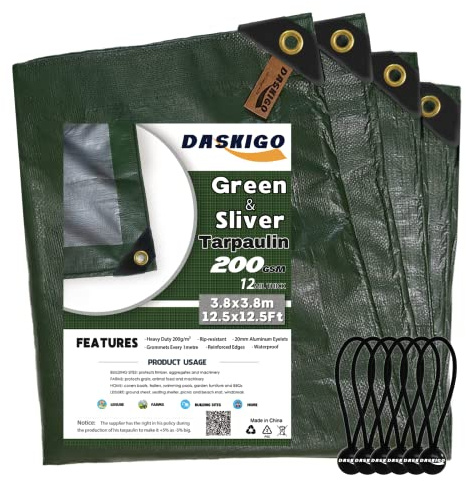 DASKIGO 4 x 4M Heavy Duty 200GSM Green&Silver Reinforced Tarpaulin Cover Waterproof Sheet & 6 Pcs Bungee Balls
