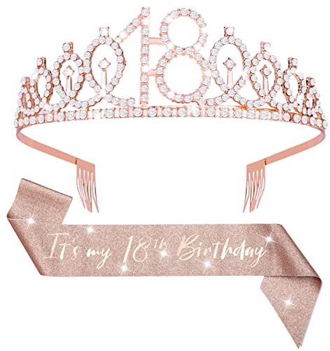 Abeillo 'It's my 18th Birthday' skärp och tiara för flickor, roséguld födelsedagskrona 18 & fantastisk dekoration satinskärp 18:e födelsedagspresenter för 18:e födelsedag festtillbehör, Rosa guld