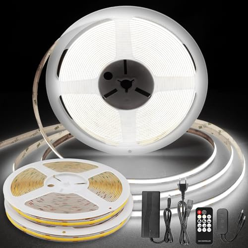 TTWAY COB LED Streifen 20m, 2x10m, 6000K DC24V LED Streifen mit Netzteil, Fernbedienung, 384LEDs/M, CRI 92+, 8mm Breite, Dimmbare LED Strip für Heimdekoration,Schlafzimmer, Küche, Party, Kaltweiß.