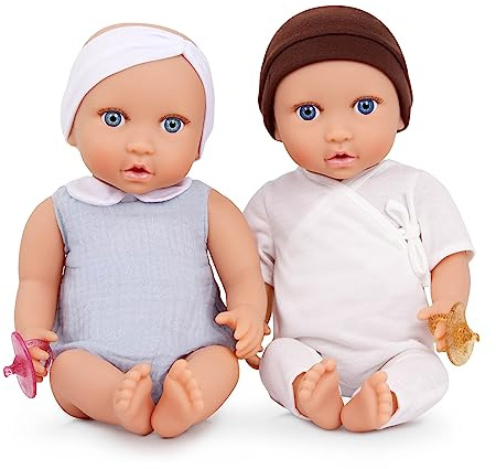 LullaBaby Zwillings-Babypuppen, 36 cm, mit weichen Körpern, Heller Hautton | 2 Babypuppen, Junge und Mädchen, 36 cm, weiche Körper, blaue Augen, Kleidung mit Mütze, Stirnband und 2 Schnullern, 2+ Jahre