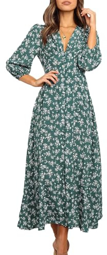 KOEMCY Robe Longues Femmes Manches Longues Floral Maxi Robes Boho Robe Col V à Manches Lanternes Bouton Robe