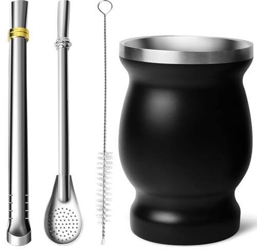 Artcome Set de 4 tazas para Yerba Mate de acero inoxidable, 1 taza de 250 ml de acero inoxidable de doble pared (negro) 2 Bombillas (pajita Yerba Mate), 1 cepillo, fácil de limpiar, sólido y duradero