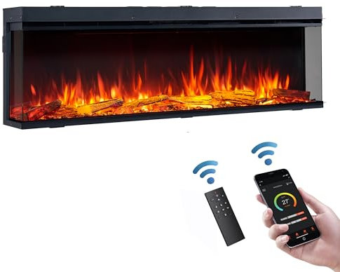 FLAMME 59’’/150cm Knighton Platinum Smart Inset Media Wall Electric Fireplace 1-2-3 sided View Compatible with Alexa and Google Assistant Deep Fuel Bed Perfect for Media Wall