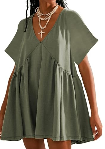 Freyhem Womens Summer Mini Dress Casual Short Sleeve Loose V Neck Swing Sundress with Pocket(GreyGreen-M)