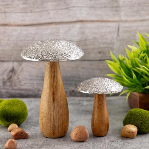 Amago home Dekofiguren 2er Set Pilze H20/12x13/10cm Aufsteller Pilz-Optik Mangoholz Aluminium