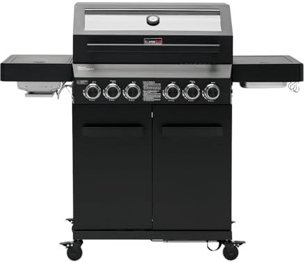 CosmoGrill 6 Burner Platinum Yamara Dark 4+2 Gas BBQ, Viewing Glass, 4 Main Burners, 1 Ceramic Sear Zone, 1 Back Grill, Cast Iron Grills & Bamboo Storage (Black with Cover)