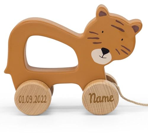Trixie Nachziehtier Holz PERSONALISIERT mit Name und Datum graviert Motorikspielzeug Schiebetier Tiger