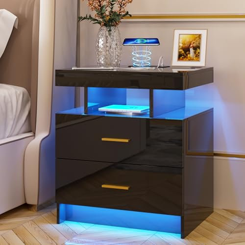 yoofun Black LED Bedside Table with Wireless Charging Station, Smart Nightstand with 2 Drawers, High Gloss Sofa Side End TablE for Living Room Bedroom
