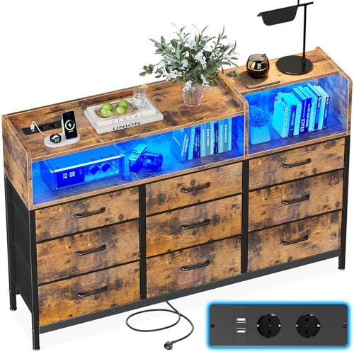 ODK Commode Chambre Adulte, Armoire de Commode avec 2 Prises de Courant, 2 USB et 10 Bandes LED de Couleur, avec 9 Tiroirs en Tissu pour Chambre à Coucher Salon, 130 * 30 * 97cm