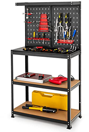 GYMAX Werkbank mit Lochwand, robuster Werkzeugbank mit 2 offenen Regalen & 13 Zubehörteile zum Aufhängen, Werktisch, Arbeitstisch für Garage & Werkstatt, Schwarz
