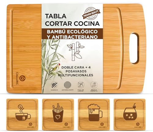 Set Tabla de Cortar de Bambú con 4 Posavasos – Reversible, Antibacteriana y con Canal Recolector | Ideal como Utensilios de Cocina, para Servir Comida o para Sorprender en Celebraciones – CALLURIC