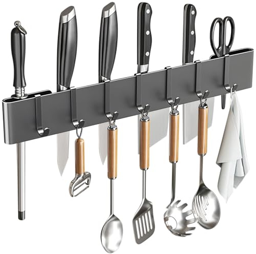 Cintre à ustensiles de cuisine : support mural à 7 crochets, sans perçage, pour cuisine, garde-manger, salle de bain, salon, 40 cm (gris foncé)