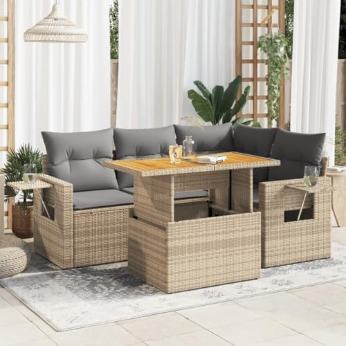 IKAYAA Gartenmöbel Set mit Stauraum Gartenlounge mit Stauraum Balkon Lounge Gartensofa Rattan gartenmöbel Balkon Möbel Wetterfest mit Kissen Poly Rattan-Beige und Grau-5-tlg-Typ 2